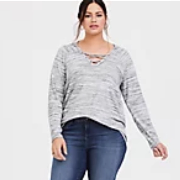 Torrid Plus Size 3X Grey Super Soft V Neck Strappy Lace Up Hooded Sweatshirt - Picture 1 of 6